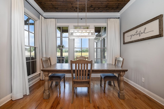 3013 Berry Patch Trl, Rockvale, TN 37153 - dining area with baseboards, wood finished floors, ornamental molding, and wood ceiling