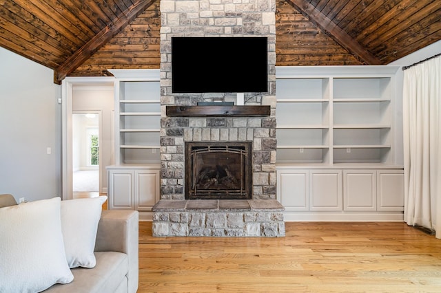 3013 Berry Patch Trl, Rockvale, TN 37153 - unfurnished living room featuring wood ceiling, lofted ceiling, a fireplace, wood finished floors, and built in features