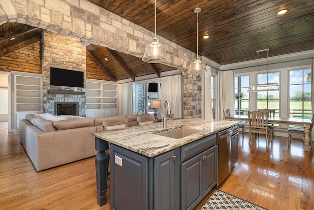 3013 Berry Patch Trl, Rockvale, TN 37153 - kitchen featuring wood ceiling, a sink, open floor plan, light wood-type flooring, and built in shelves