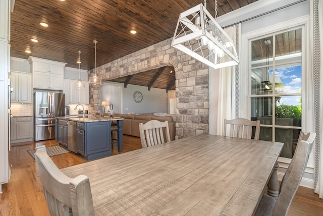 3013 Berry Patch Trl, Rockvale, TN 37153 - dining area with wood ceiling, light wood-style flooring, recessed lighting, and vaulted ceiling