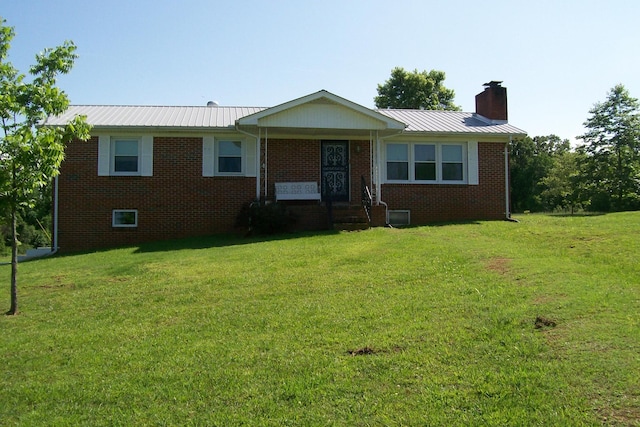 7985 Francis Ferry Rd, Rock Island, TN 38581 - ranch-style home with a chimney, a front lawn, metal roof, and brick siding