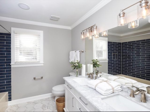 2207 Oakwood Ct, Franklin, TN 37064 - bathroom with double vanity, ornamental molding, toilet, tile patterned flooring, and baseboards