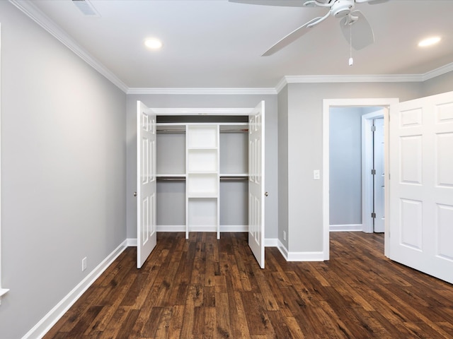 2207 Oakwood Ct, Franklin, TN 37064 - unfurnished bedroom with wood finished floors, baseboards, crown molding, a closet, and a ceiling fan