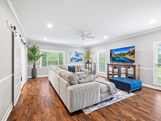 2207 Oakwood Ct, Franklin, TN 37064 - living room with a barn door, wood finished floors, recessed lighting, ceiling fan, and baseboards