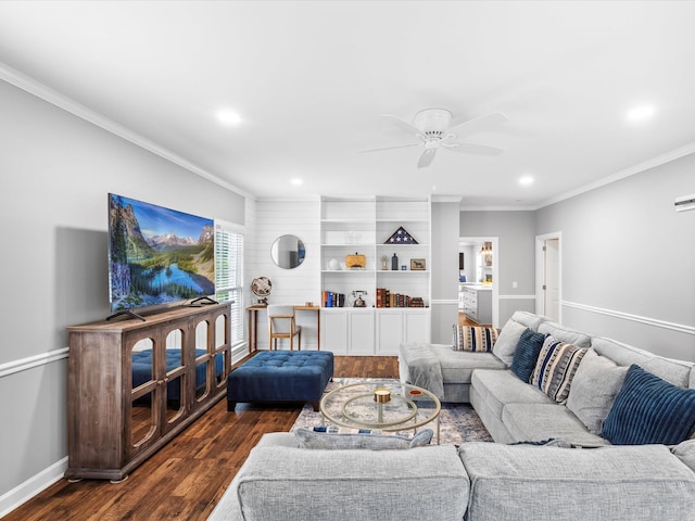 2207 Oakwood Ct, Franklin, TN 37064 - living area featuring crown molding, dark wood-style floors, ceiling fan, recessed lighting, and baseboards