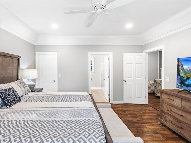 2207 Oakwood Ct, Franklin, TN 37064 - bedroom featuring dark wood-style flooring, ornamental molding, a ceiling fan, baseboards, and connected bathroom