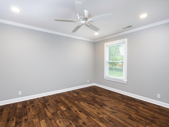 2207 Oakwood Ct, Franklin, TN 37064 - spare room featuring baseboards, dark wood-style floors, crown molding, ceiling fan, and recessed lighting