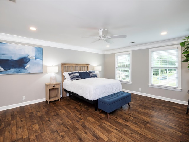 2207 Oakwood Ct, Franklin, TN 37064 - bedroom with crown molding, dark wood-style flooring, baseboards, recessed lighting, and ceiling fan