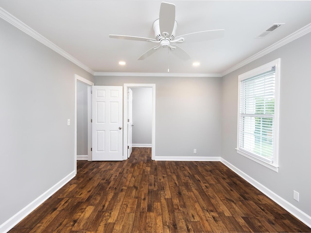 2207 Oakwood Ct, Franklin, TN 37064 - spare room featuring ornamental molding, baseboards, dark wood-style flooring, a ceiling fan, and recessed lighting