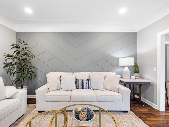 2207 Oakwood Ct, Franklin, TN 37064 - living room featuring wood finished floors, crown molding, baseboards, and a decorative wall