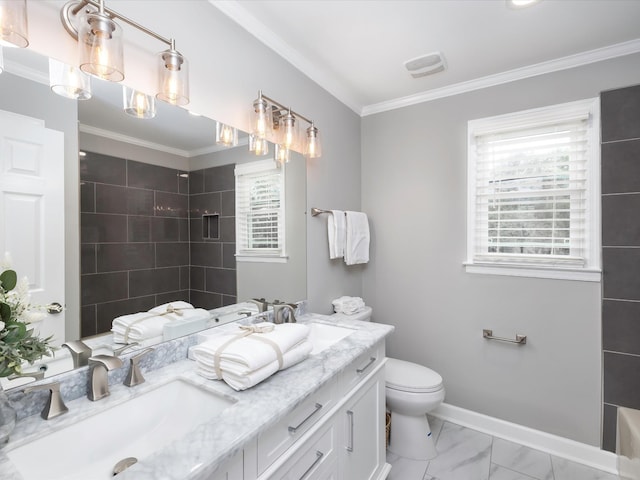 2207 Oakwood Ct, Franklin, TN 37064 - bathroom with double vanity, plenty of natural light, tiled shower, and crown molding