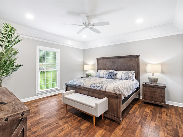 2207 Oakwood Ct, Franklin, TN 37064 - bedroom featuring dark wood-style flooring, baseboards, ornamental molding, a ceiling fan, and recessed lighting