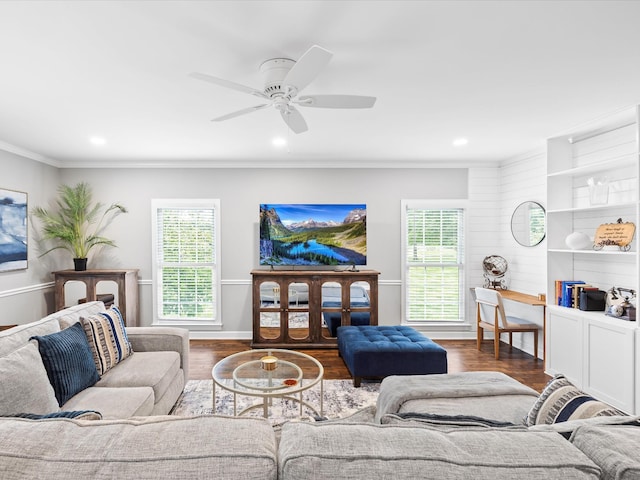 2207 Oakwood Ct, Franklin, TN 37064 - living room with dark wood-type flooring, ornamental molding, a ceiling fan, recessed lighting, and baseboards