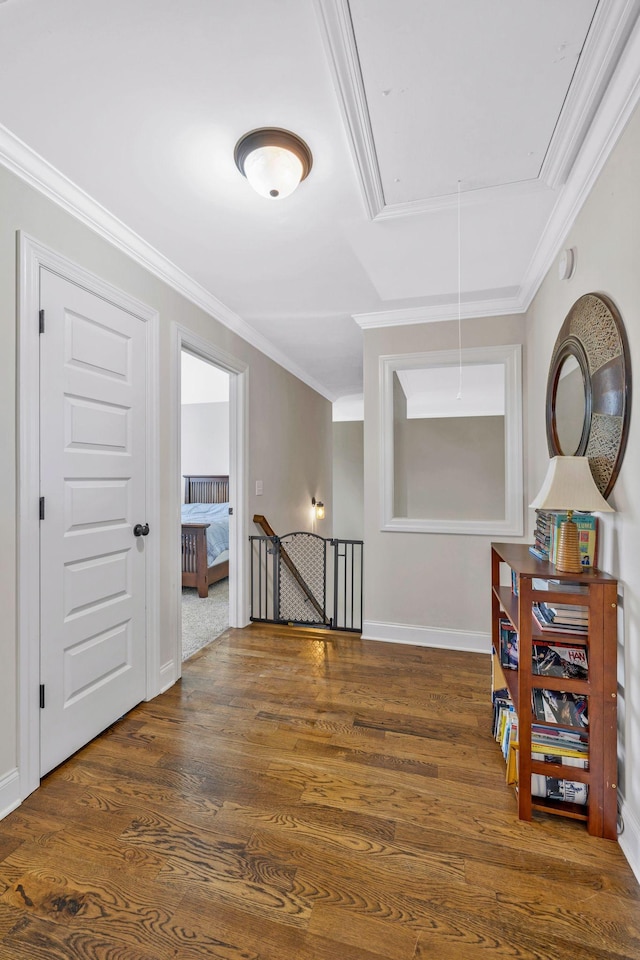 2122 Slater Dr, Murfreesboro, TN 37128 - hall with attic access, an upstairs landing, crown molding, wood finished floors, and baseboards