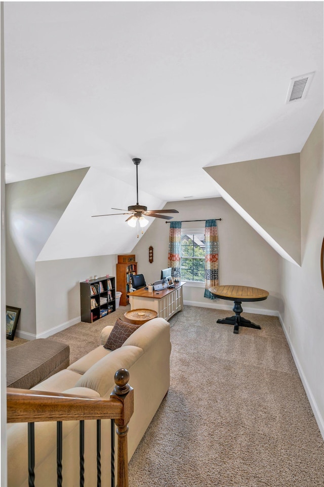 2122 Slater Dr, Murfreesboro, TN 37128 - carpeted living area featuring ceiling fan, vaulted ceiling, and baseboards