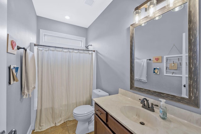 2122 Slater Dr, Murfreesboro, TN 37128 - bathroom featuring vanity, shower / bath combo with shower curtain, toilet, and tile patterned flooring
