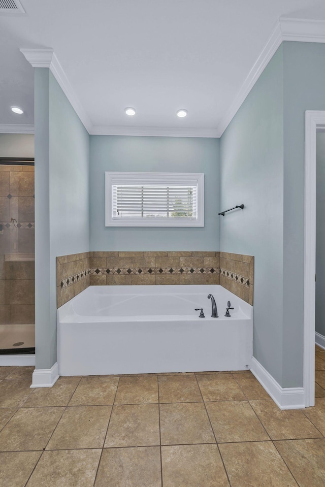 2122 Slater Dr, Murfreesboro, TN 37128 - full bath featuring tile patterned flooring, a garden tub, crown molding, a stall shower, and recessed lighting