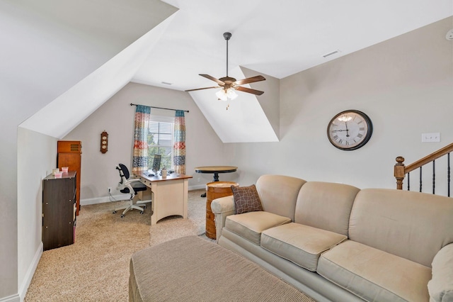 2122 Slater Dr, Murfreesboro, TN 37128 - home office with light colored carpet, baseboards, vaulted ceiling, and a ceiling fan