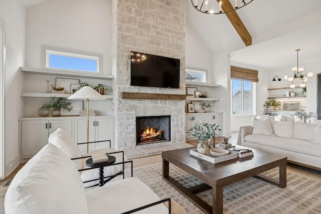 2764 Otterham Dr, Thompsons Station, TN 37179 - living area with a chandelier, high vaulted ceiling, a fireplace, beam ceiling, and wood finished floors