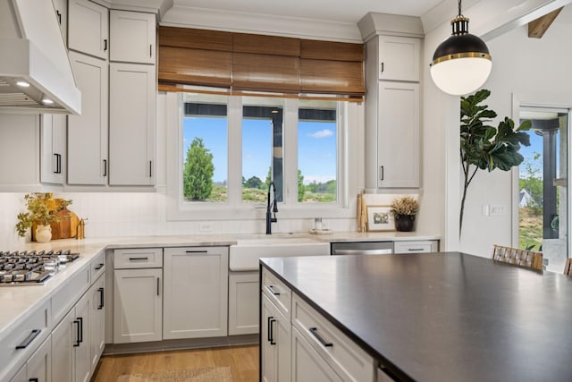 2764 Otterham Dr, Thompsons Station, TN 37179 - kitchen featuring wall chimney range hood, a sink, appliances with stainless steel finishes, light wood finished floors, and hanging light fixtures