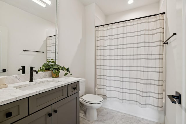 2764 Otterham Dr, Thompsons Station, TN 37179 - bathroom featuring vanity, toilet, marble look tiles, and shower / tub combo with curtain