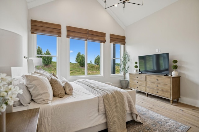 2764 Otterham Dr, Thompsons Station, TN 37179 - bedroom with multiple windows, wood finished floors, high vaulted ceiling, baseboards, and a chandelier