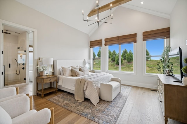 2764 Otterham Dr, Thompsons Station, TN 37179 - bedroom with a chandelier, high vaulted ceiling, light wood-style flooring, beamed ceiling, and connected bathroom