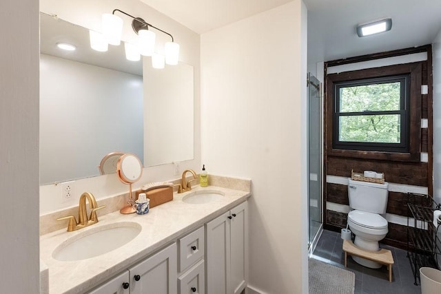 652 Northup Rd, Portland, TN 37148 - bathroom featuring toilet, tile patterned floors, double vanity, and a shower stall