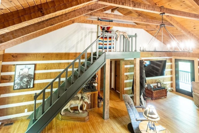 652 Northup Rd, Portland, TN 37148 - stairs featuring wooden ceiling, hardwood / wood-style floors, and wooden walls