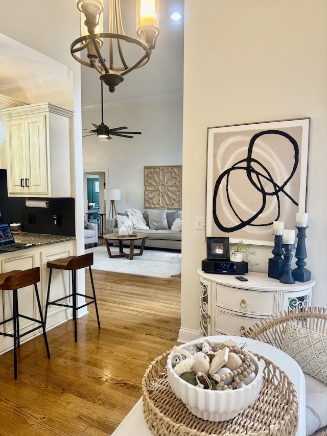 2815 Anglo Ct, Murfreesboro, TN 37129 - dining room featuring a chandelier, crown molding, light wood-style floors, and a ceiling fan