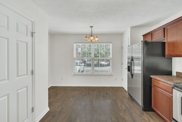 2013 Shaylin Loop, Antioch, TN 37013 - kitchen featuring a chandelier, dark wood-style flooring, stainless steel refrigerator with ice dispenser, baseboards, and a textured ceiling