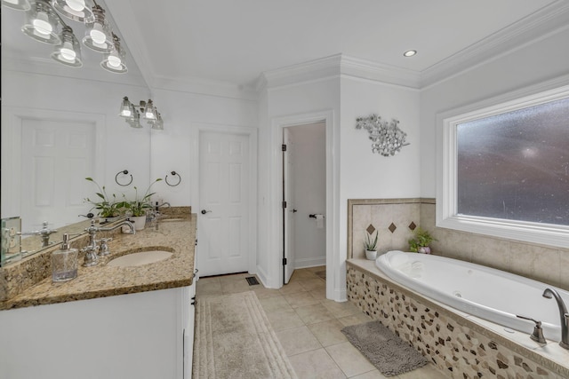 1918 Mosaic Trl, Murfreesboro, TN 37130 - full bath featuring double vanity, a jetted tub, crown molding, tile patterned flooring, and baseboards
