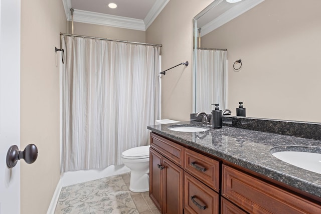 1638 Kelvington Blvd, Gallatin, TN 37066 - full bathroom featuring ornamental molding, double vanity, toilet, tile patterned floors, and a shower with shower curtain