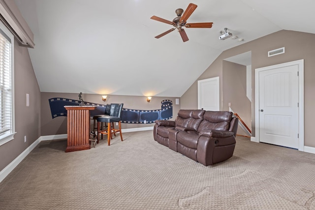 1638 Kelvington Blvd, Gallatin, TN 37066 - living room featuring vaulted ceiling, carpet floors, baseboards, ceiling fan, and healthy amount of natural light