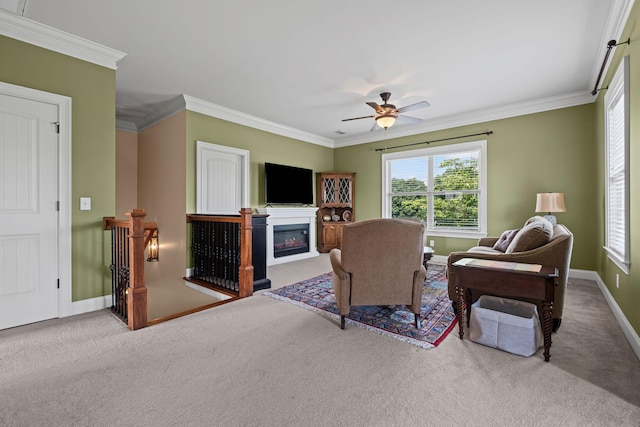 1638 Kelvington Blvd, Gallatin, TN 37066 - carpeted living room with baseboards, ornamental molding, a glass covered fireplace, and ceiling fan