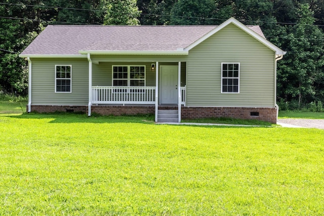 259 Longbranch Rd, Hohenwald, TN 38462 - ranch-style home featuring crawl space, covered porch, a front lawn, and roof with shingles
