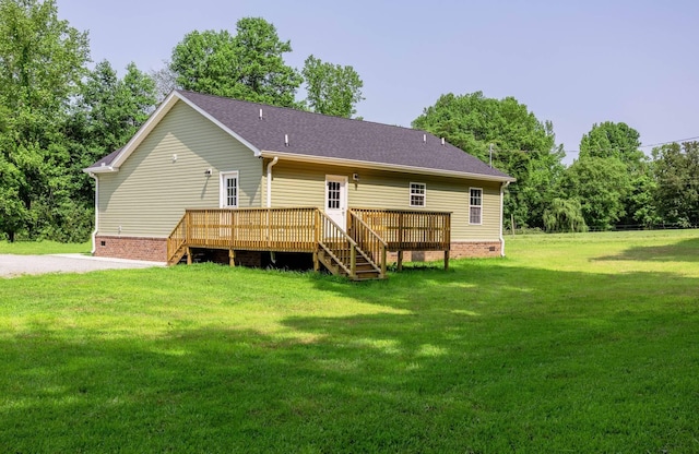 259 Longbranch Rd, Hohenwald, TN 38462 - back of house with crawl space, a wooden deck, a lawn, stairway, and a shingled roof