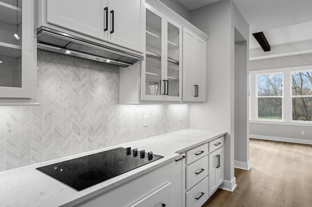 2736 Hartsville Pike, Castalian Springs, TN 37031 - kitchen with black electric stovetop, under cabinet range hood, white cabinets, light stone counters, and decorative backsplash
