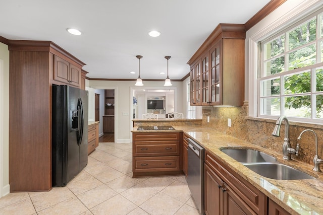 6116 Chickering Ct, Nashville, TN 37215 - kitchen featuring black appliances, a sink, ornamental molding, glass insert cabinets, and light tile patterned floors