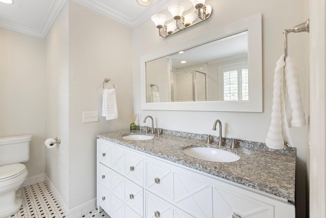 6116 Chickering Ct, Nashville, TN 37215 - full bathroom with crown molding, toilet, double vanity, a stall shower, and baseboards