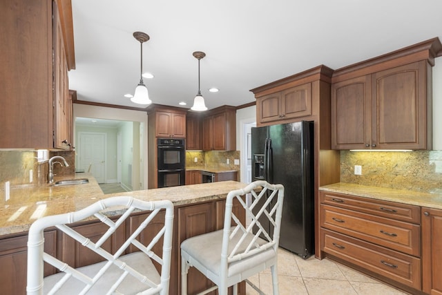 6116 Chickering Ct, Nashville, TN 37215 - kitchen with black appliances, backsplash, a sink, a peninsula, and a kitchen breakfast bar