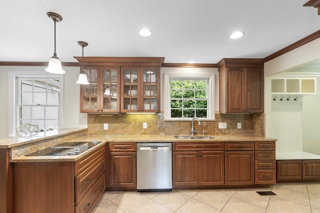 6116 Chickering Ct, Nashville, TN 37215 - kitchen featuring dishwasher, a sink, black electric stovetop, crown molding, and glass insert cabinets