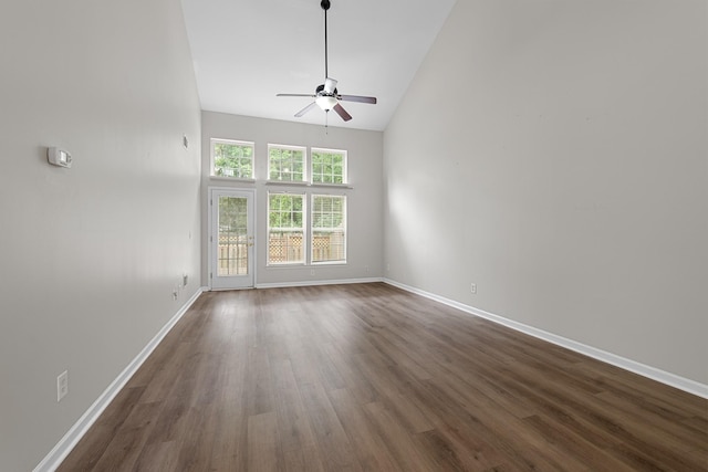 3401 Anderson Rd Unit 72, Antioch, TN 37013 - unfurnished living room with a ceiling fan, dark wood-style floors, baseboards, and high vaulted ceiling