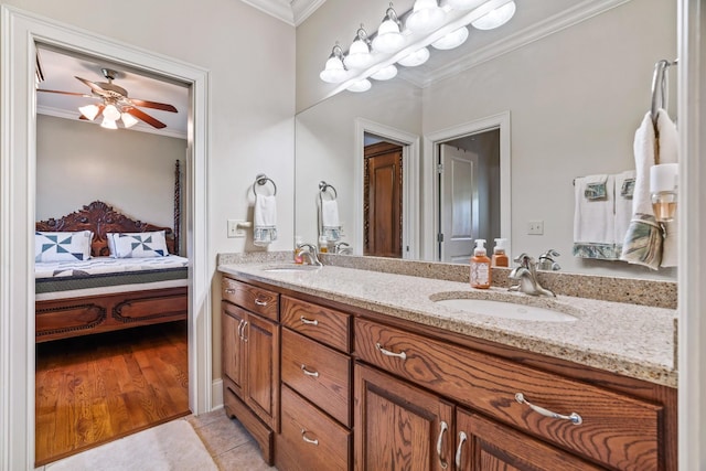 500 Old Pencil Mill Rd, Chapel Hill, TN 37034 - ensuite bathroom featuring ornamental molding, double vanity, ceiling fan, and tile patterned flooring