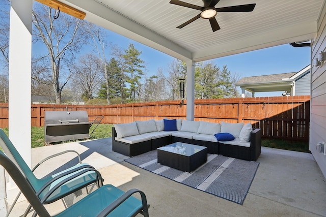 3617 Anthony Ave, Murfreesboro, TN 37129 - fenced backyard featuring outdoor lounge area, ceiling fan, a patio, and grilling area