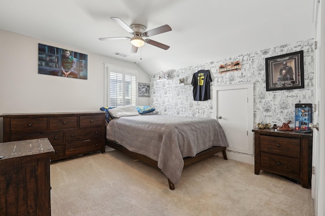 3617 Anthony Ave, Murfreesboro, TN 37129 - bedroom featuring lofted ceiling, wallpapered walls, light carpet, and a ceiling fan