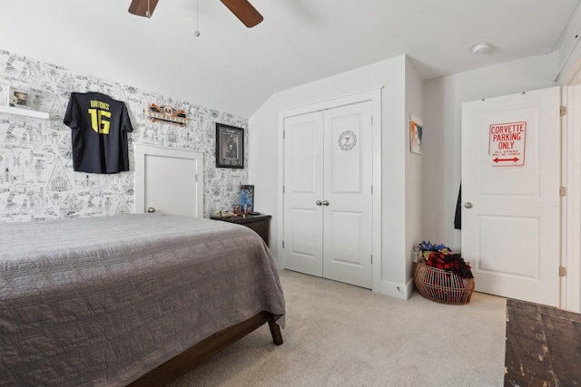 3617 Anthony Ave, Murfreesboro, TN 37129 - carpeted bedroom featuring lofted ceiling, wallpapered walls, a ceiling fan, and a closet