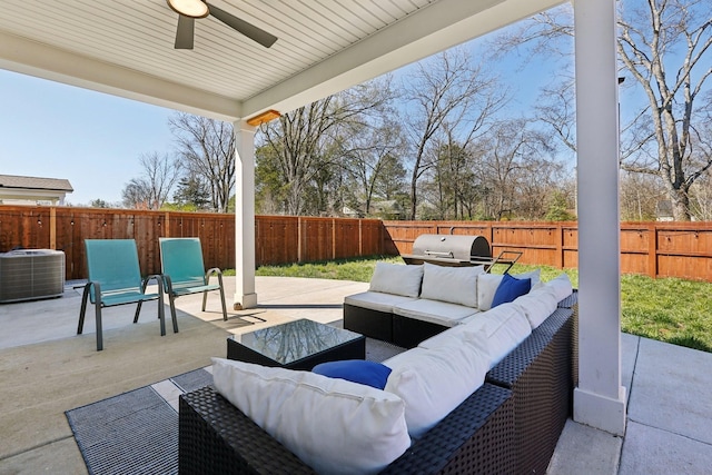 3617 Anthony Ave, Murfreesboro, TN 37129 - fenced backyard with an outdoor hangout area, ceiling fan, a patio area, and central AC