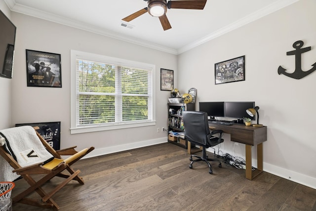 121 Regency Ln, Dickson, TN 37055 - office area featuring crown molding, a ceiling fan, wood finished floors, and baseboards