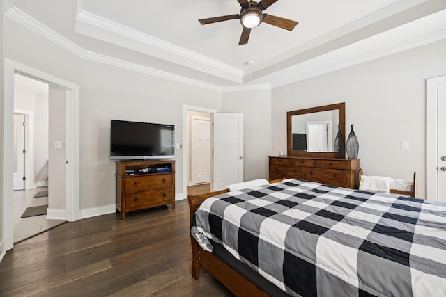 121 Regency Ln, Dickson, TN 37055 - bedroom featuring a tray ceiling, wood finished floors, ornamental molding, a ceiling fan, and baseboards